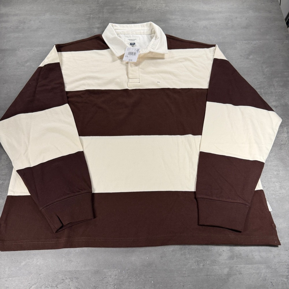 American Eagle Rugby Polo Shirt Mens 2XL XXL Super Soft Brown Cream Striped $60